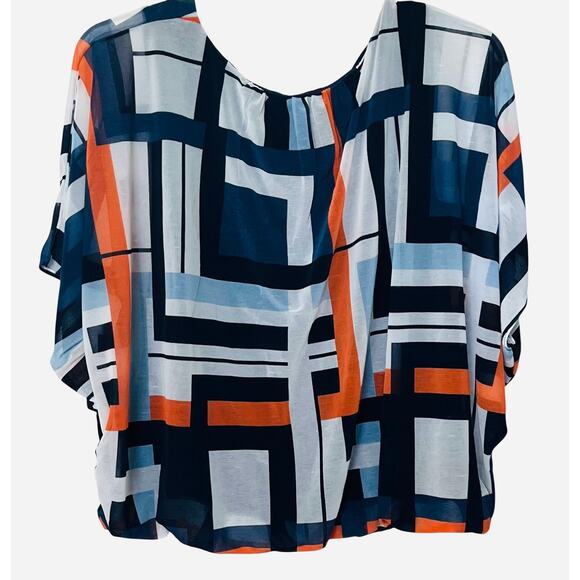 ALFANI KIMONO SLV RND NECK BLOUSON HEMLINE BLOUSE, WOMENS, XL, GREY BLUE ORANGE - Picture 5 of 11